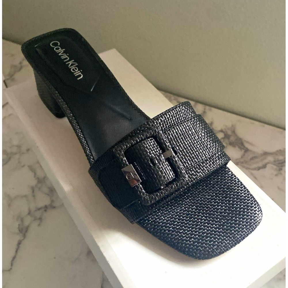 Calvin Klein Women's Black Leather Slide Sandals Slip-On Buckle Logo 8M New